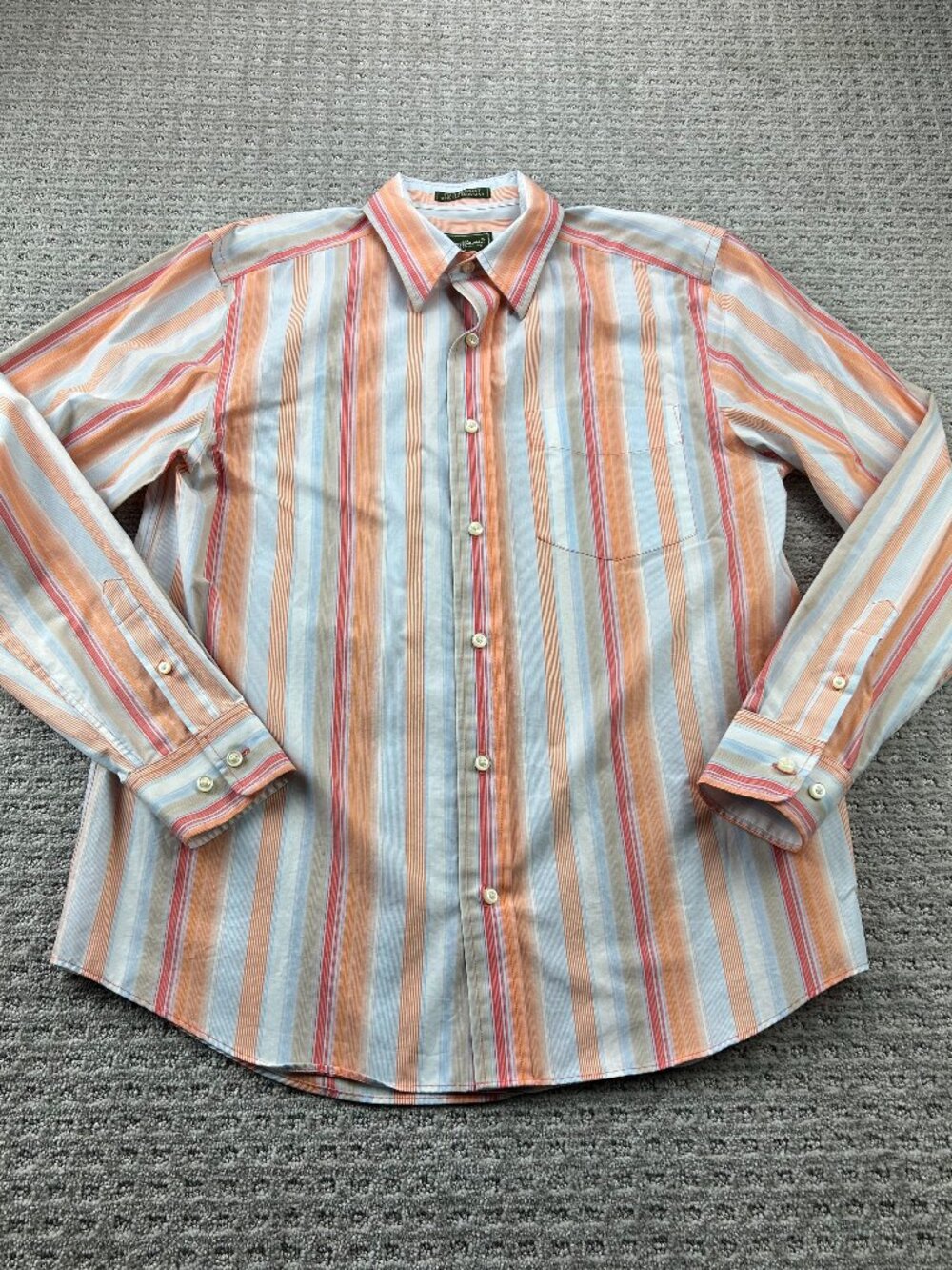 Eddie Bauer Button Up Shirt Men M Orange White Stripes Stain & Wrinkle Resistant